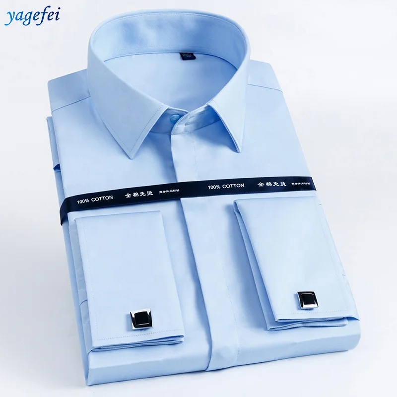 Customized Light Blue Dress Shirt for Business Men High Quality Breathable  Cotton Non-Iron French Cuff Tuxedo Solid Formal Shirt
