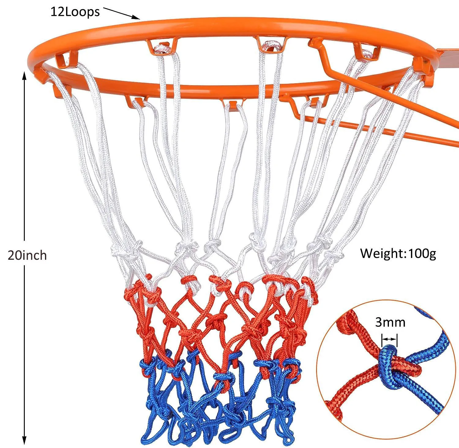 3mm Basketball Net Outdoor All Weather Resistant Color Never Fade Polypropylene Basketball Hoop
