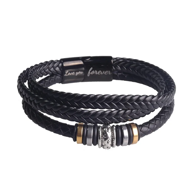 Double Layer Woven Leather Bracelet For Men - Black, Stainless Steel, 3 Sizes (7.5"/8.3"/9")