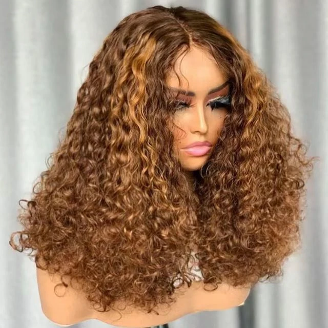 Mix Color Deep Curly 13x4 Lace Front Bob Wig Highlight Honey Blonde Glue-less Human Hair Lace Closure Wig For Black Women