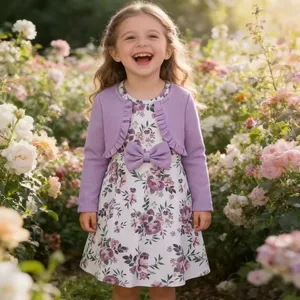 2026 Spring Autumn Kids Wear Floral Sleeveless Children Dress Long Sleeve Ruffled Cardigan 2-Piece Girls Outfit Set