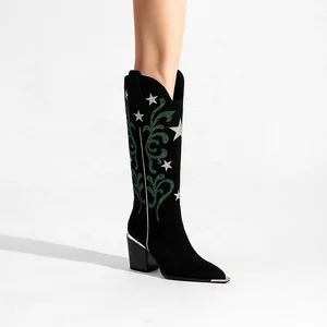 Customizable Women's Black Faux Suede Pointed Toe Western Cowboy Boots with Green Rhinestone Embroidery Star Accents for Autumn