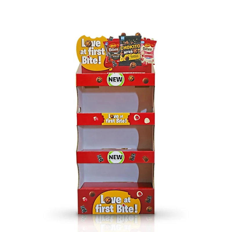 JL168 Custom Cardboard Display Shelf Supermarket Floor Stand Kitkat Kiosk Stand Dispenser Chocolate Cookies Display Racks