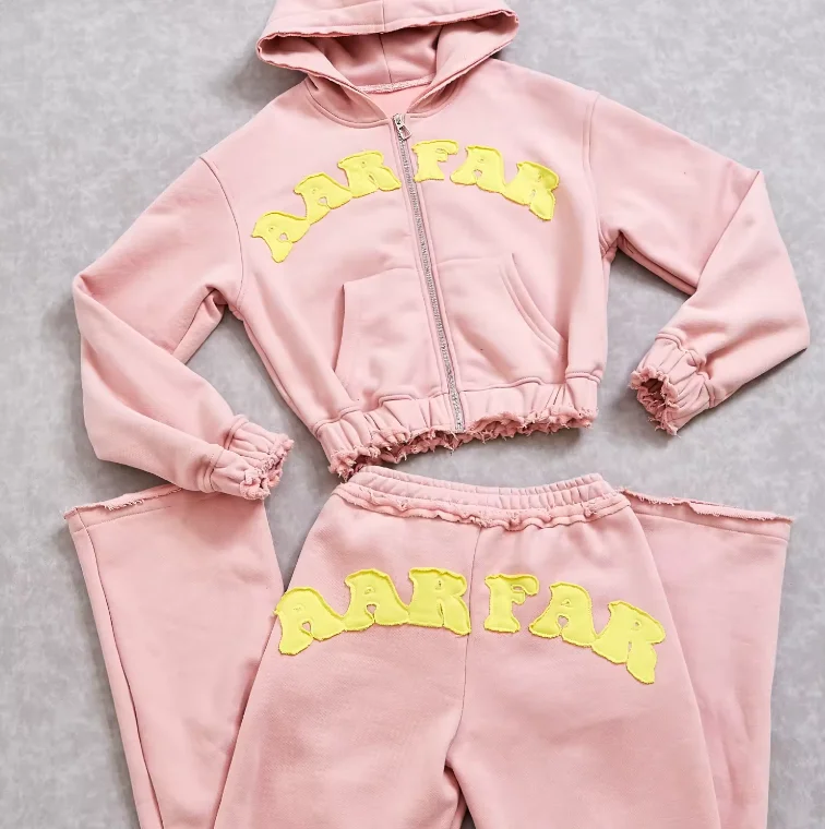 Custom Logo Varsity Jacket Distressed Zip Hoodie Women Tracksuits Sweatpants Track Suit Jogger Set for Women