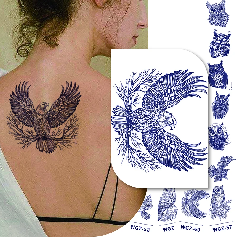 Waterproof Semi-Permanent Tattoo Sticker Owl & Eagle Bird  Animal Design Deep Blue Sweatproof Long-Lasting Plant-Based Non-Toxic