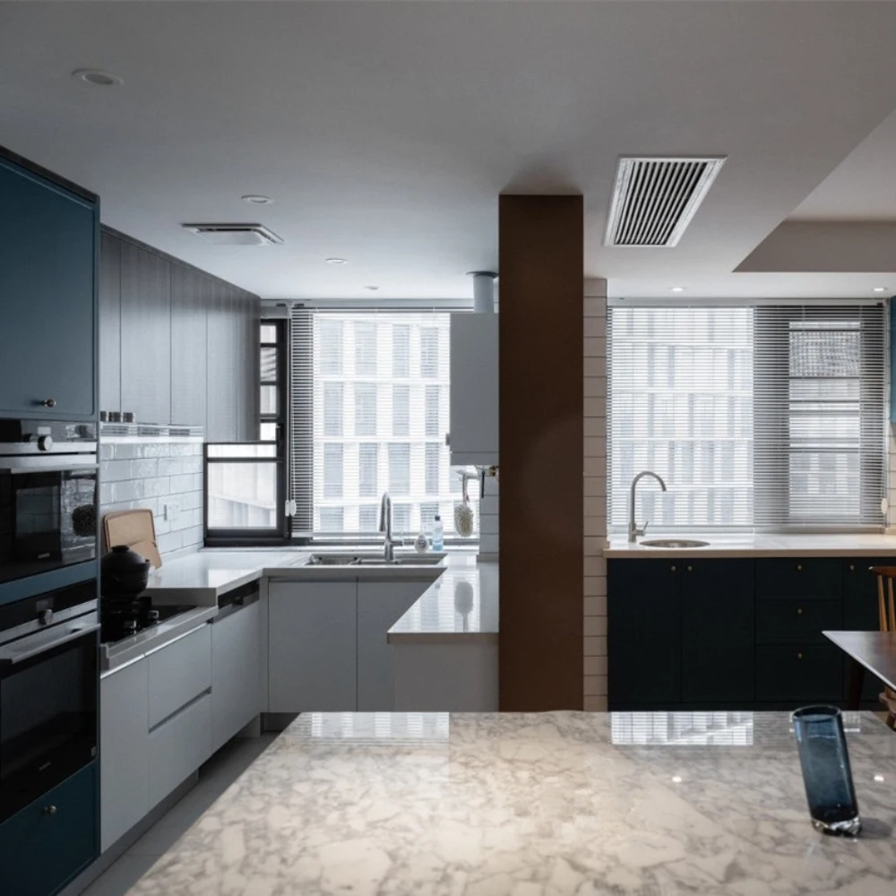 Custom Modular Modern Glossy White Lacquer Kitchen Cabinets Furniture Set With Marble Island
