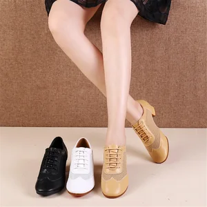 Women's Heel Leather+Net Modern Dance Shoes Soft-Soled Square Dance Training Shoes Indoor Outdoor Ballroom Dancing Shoes