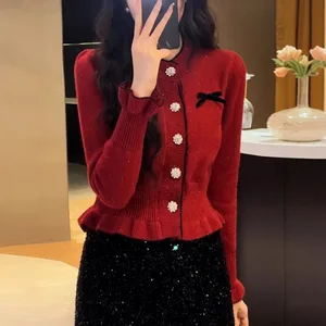 Red Mohair Sweater Coat Unisex Autumn Winter New Explosions Fashion Stylish Full Sleeve Knitted Halter Lace Floral Cardigan Top