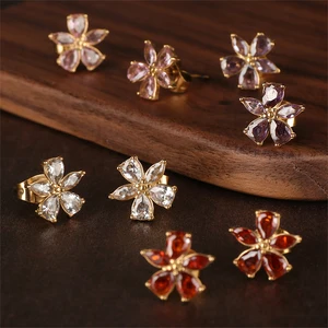 18K Gold Plated Zircon Earrings for Women Dainty Claw Setting Flower Stud Trendy Stainless Steel Jewelry for Anniversary