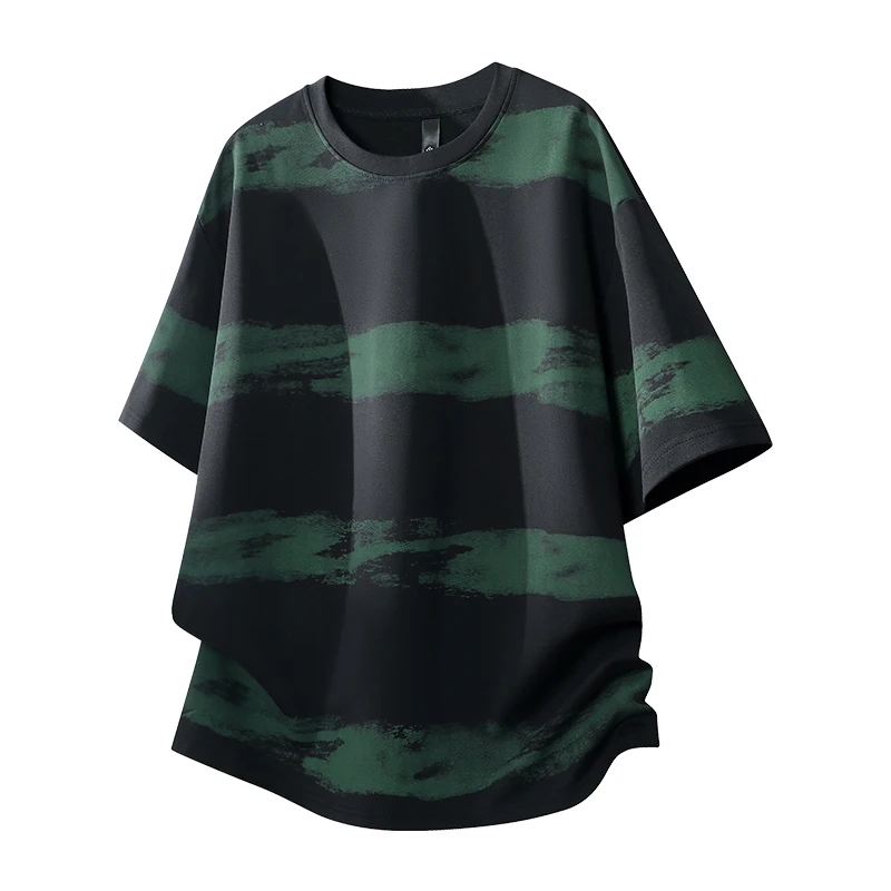 Tie-dye striped crew neck short-sleeved casual T-shirt, 100% polyester, regular fit, M-8XL, 7A, antibacterial and breathable summer top.