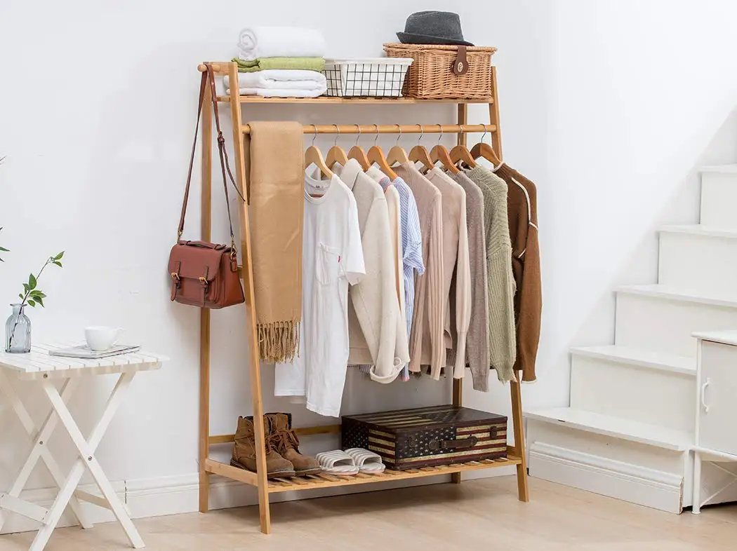 Naiden Bamboo 39 W Clothing Rack Storage Shelves Garment Hanging With Door
