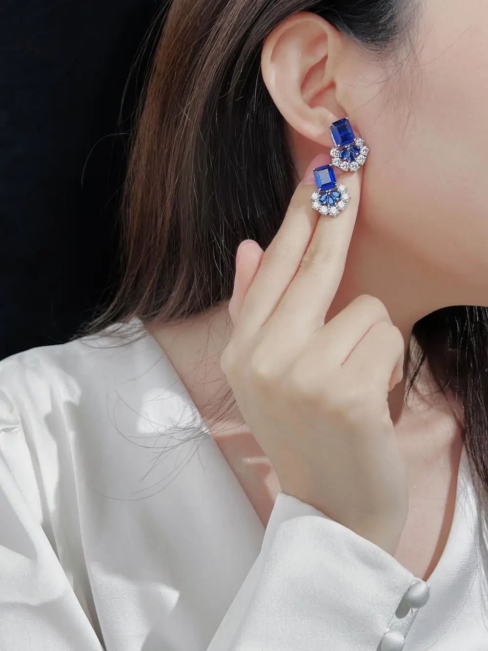 KAKODIY Aquamarine Gemstone New Design 925 Sterling Silver Matte 5A Cubic Zirconia Stud Earrings detail 4