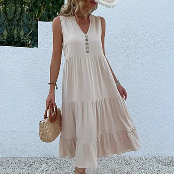 2024 summer new European and American sleeveless pleated skirt loose V-neck long dress