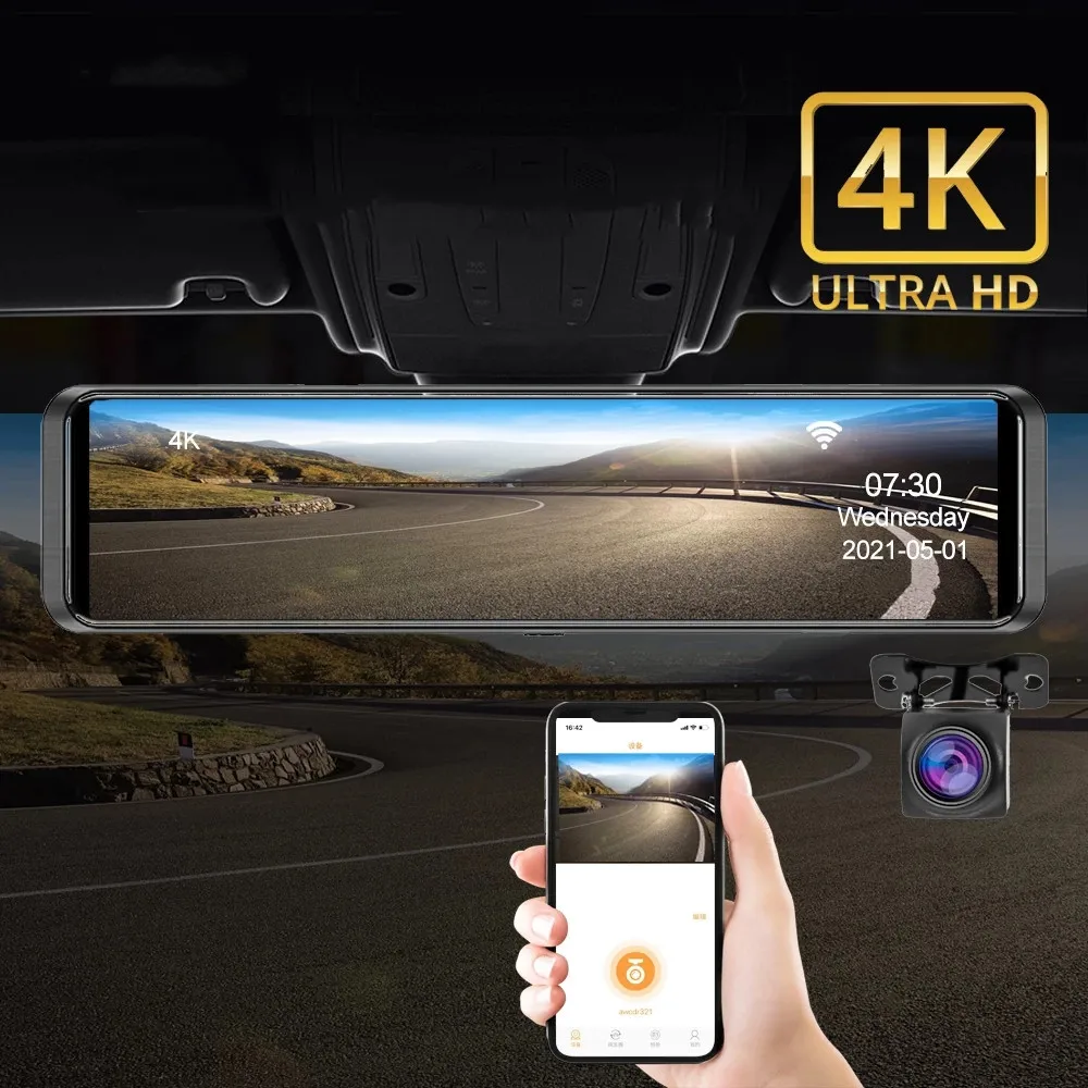12Inch Touch Screen Car Dash Camera 4K HD Video Recording App Wifi Control Night Vision Dual Dash Cam