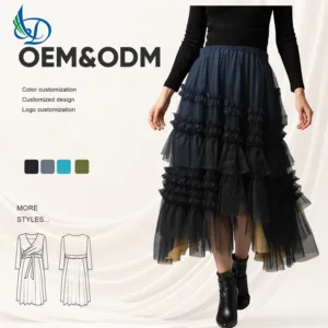 Long Women's Sheer Skirt with Irregular Lace Stitching, Breathable Ruffles, Solid Color, Suitable for Autumn