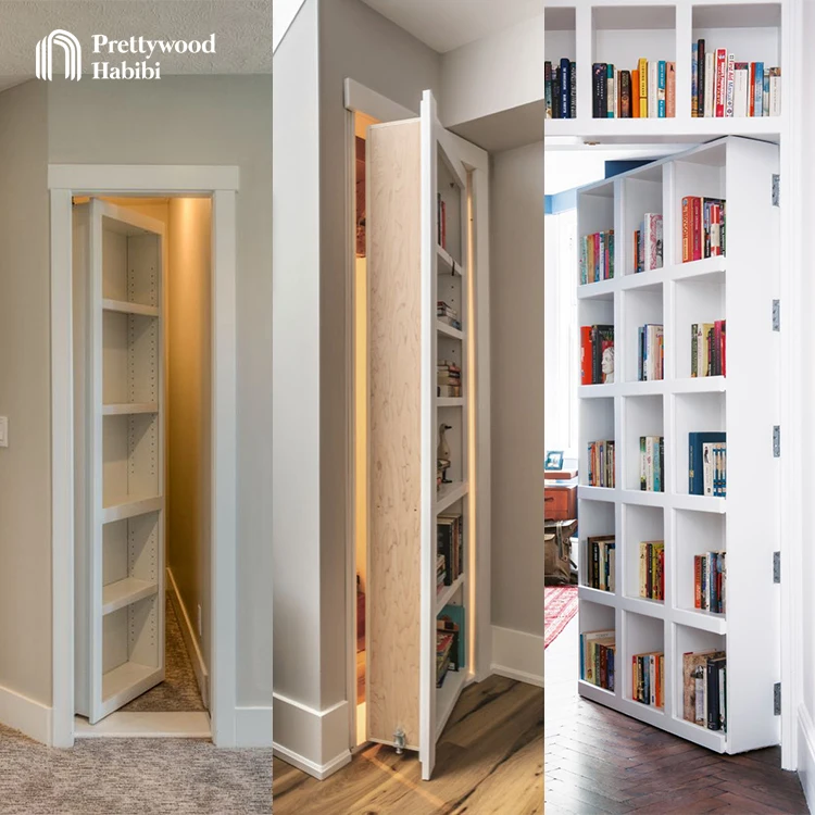 Prettywood Modern House Interior Bookshelf Door Design Invisible Secret Room Solid Wooden Book Shelves Door Hidden Bookcase Door factory