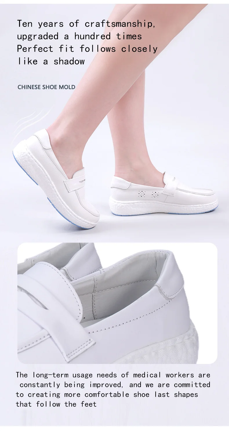 Casual White Genuine Leather Nurse Shoes for Women Comfortable and Breathable for Hospitals