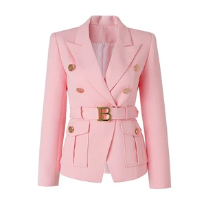 2026 Fashion Gun Collar Suit Jacket Double-Breasted Belted Jacket with Gold Buttons for Office Work Slim Fit Formal Wear