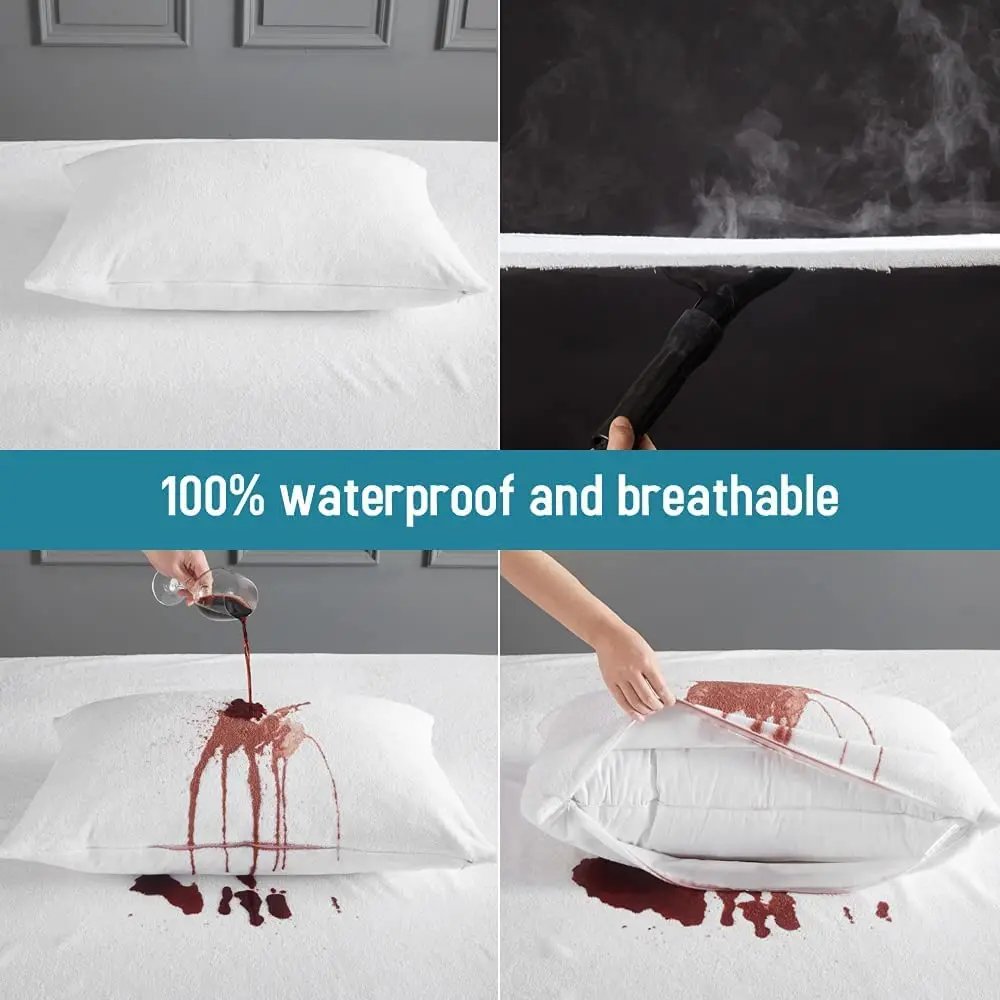 Luxury Cotton Terry 100 Waterproof Pillow Protectors 2 Pack Breathable Noiseless Pillowcovers