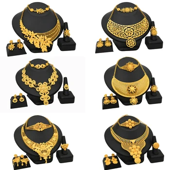 4 Piece Womens Full 24K Gold Plated Pictures Necklace And Earrings Jewelry Set Luxury Jewelry Set In Dubai Gold