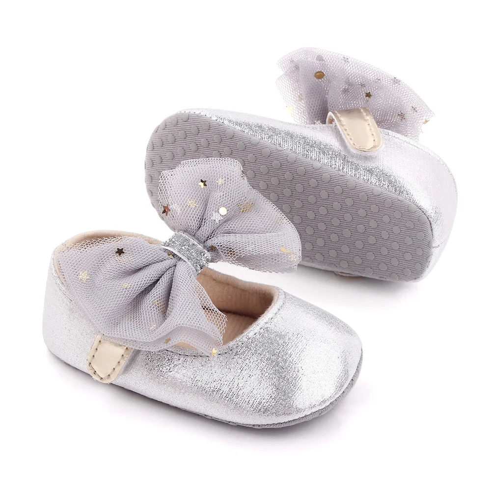 Mesh Big Bow Star Embellished Solid Color Sparkly Bright Baby Girls Princess Walking Shoes details