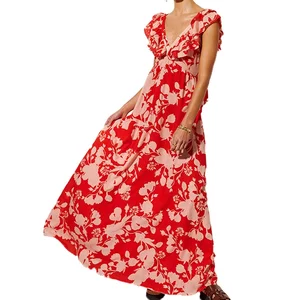 Custom High Quality Spring Summer Chiffon Holiday Beach  Short Sleeve Deep V-Neck Sex Irregular Rainbow Ruffles Maxi Dresses