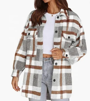 Custom Women's Flannel Plaid Jacket Long Sleeve Button Down Chest Pocketed Shirts Coats Women's Blouses