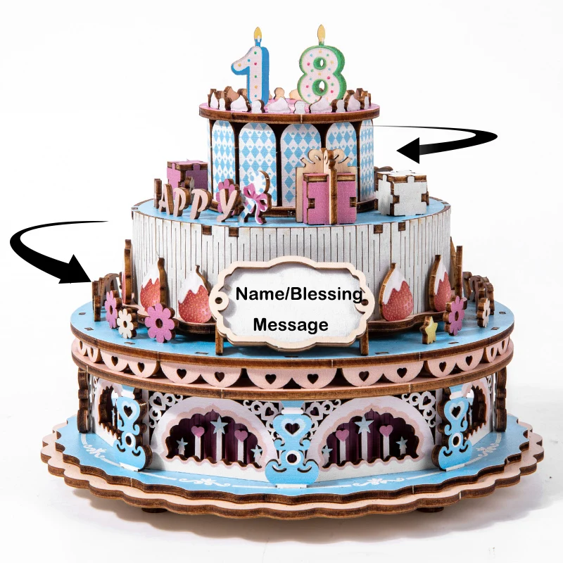 Interaktives 3D-Puzzle für Kinder, Puzzlespiel mit Bausteinen, pädagogisches DIY-Geburtstagskuchen-Musikdöschen, Holz-Musikdöschen mit Handkurbel, Geschenke