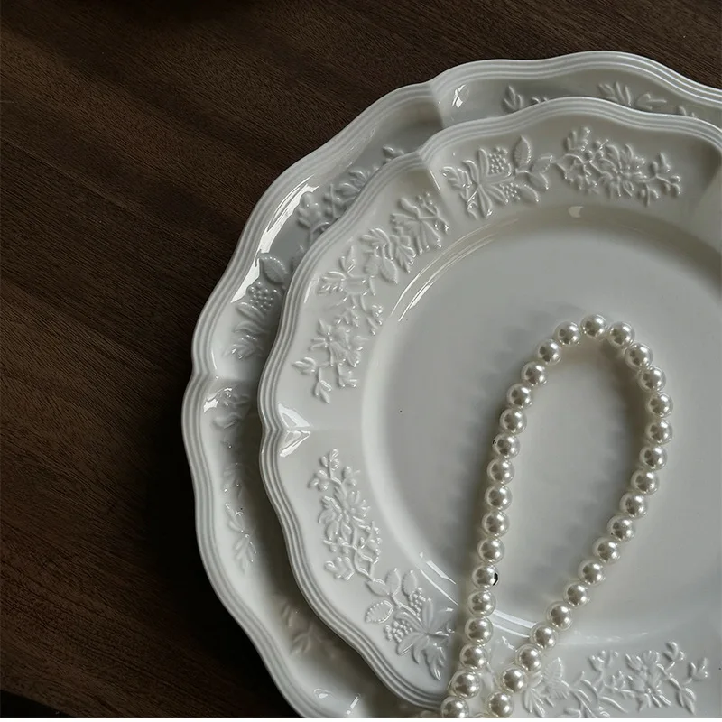 product french medieval relief lace ceramic plate heavy relief pattern plate dessert dinner high appearance level plate-53