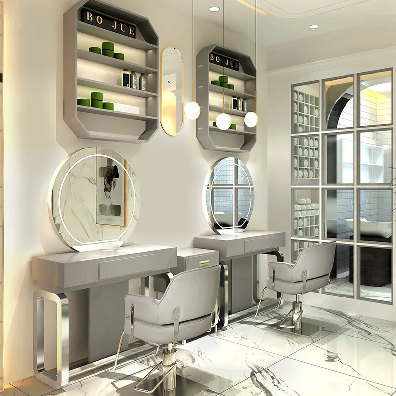 Ins Style Mirror Led Light Modern Cabinet Hair Beauty Salon Furniture Barber Station