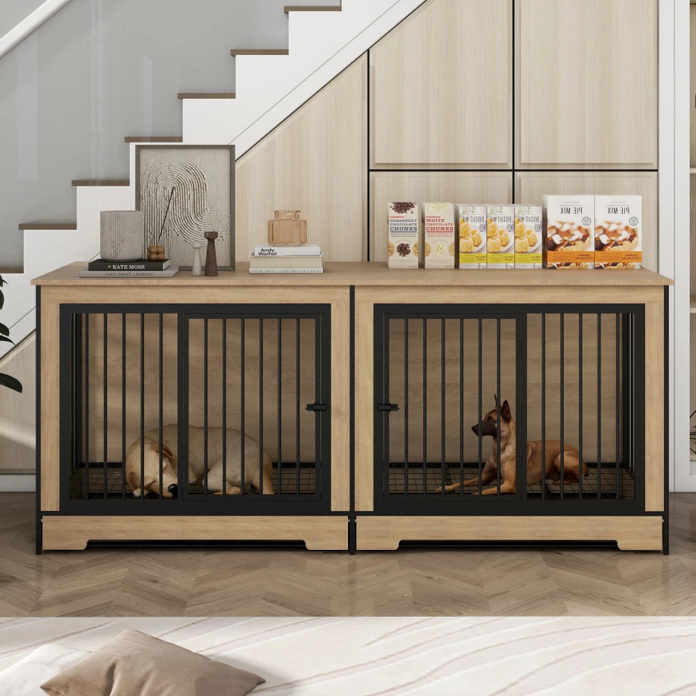 犬用ダブルケージ ハウス　クレート 犬用クレート家具2つの組み合わせた部屋、XL大型ダブル犬用ケージ家具