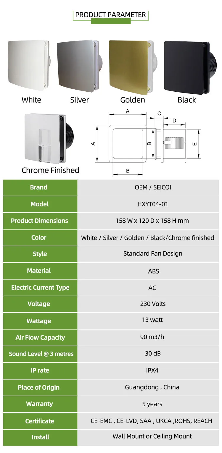 Low-noise Bathroom Exhaust Fan, SEICOI, ABS, 100mm/4", IPX4 - detail 6