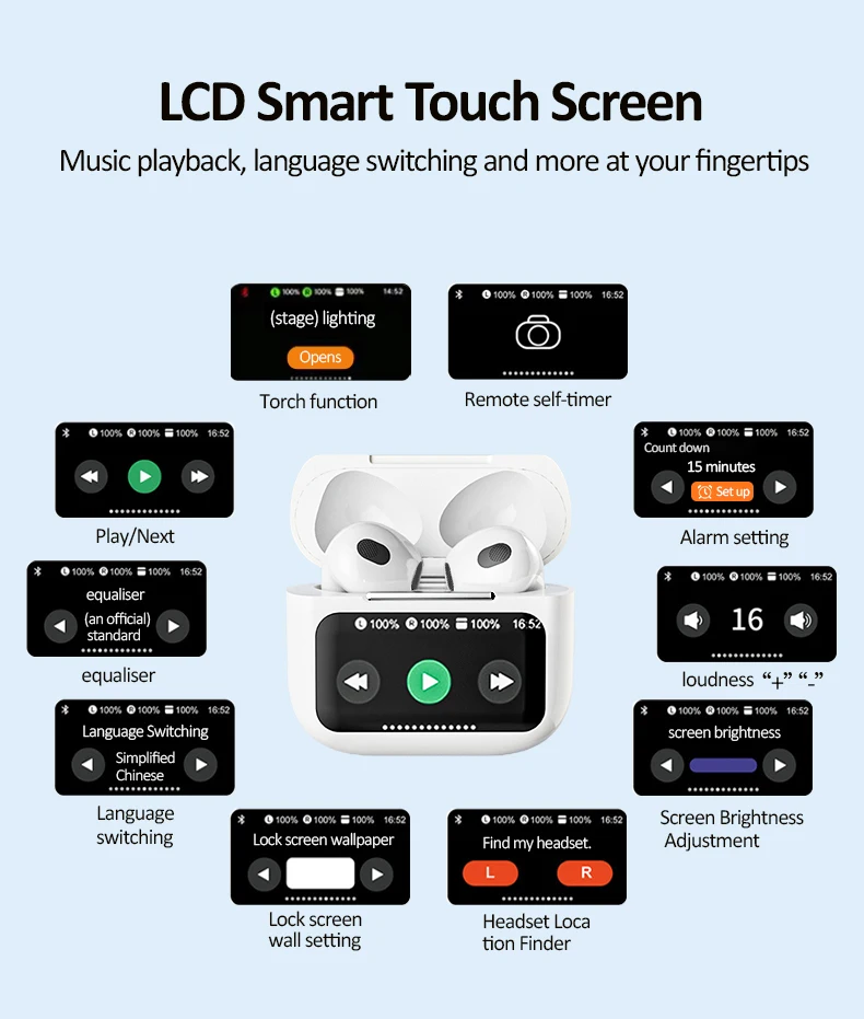 A9 Pro Earbuds Wireless Earphones ANC ENC TWS Earbuds with LCD Smart Touch Screen Waterproof T12 In-Ear Headphones for Gaming