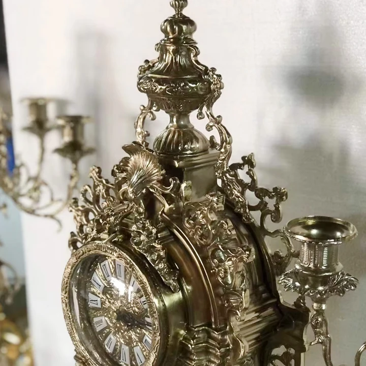 Custom Brass Table Clock and Candlestick Luxury Exquisite Retro Desk Clock and Candlestick
