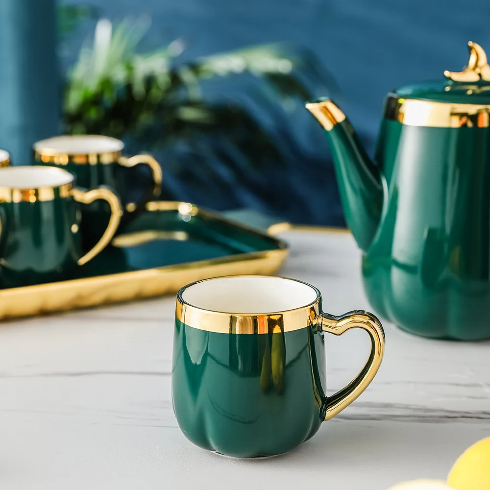 Creative Design Ceramic Tea Pot Set with Six Cups & Serving Tray