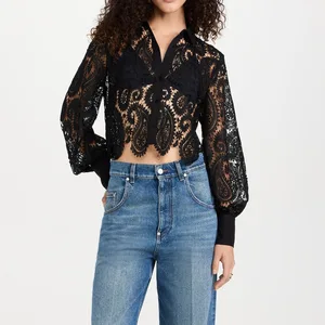 Manufacturer Sexy Lace Hollow Out Short Blouse Lantern Long Sleeves Stand Collar Casual Loose Tops for Women Spring