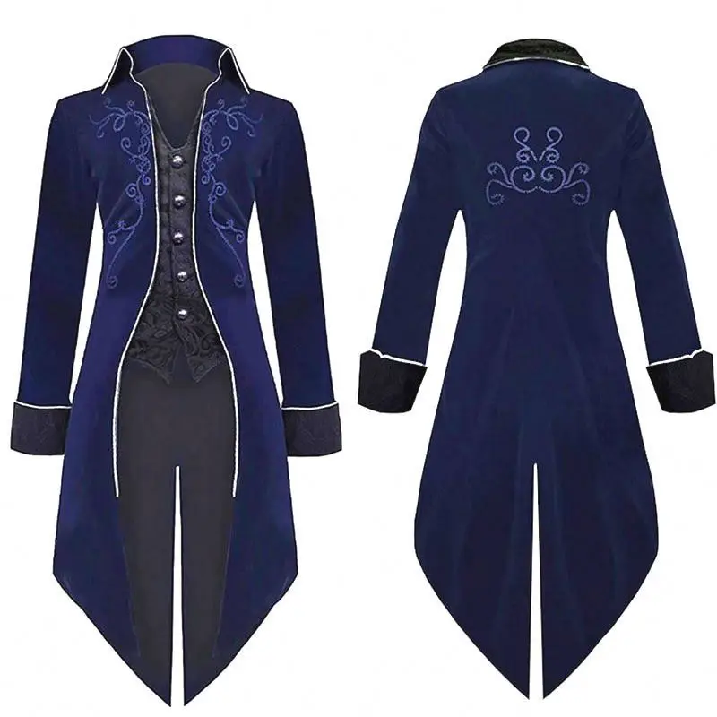 Men Medieval Vintage Tuxedo Costume Mid-Length Punk Applique Coat