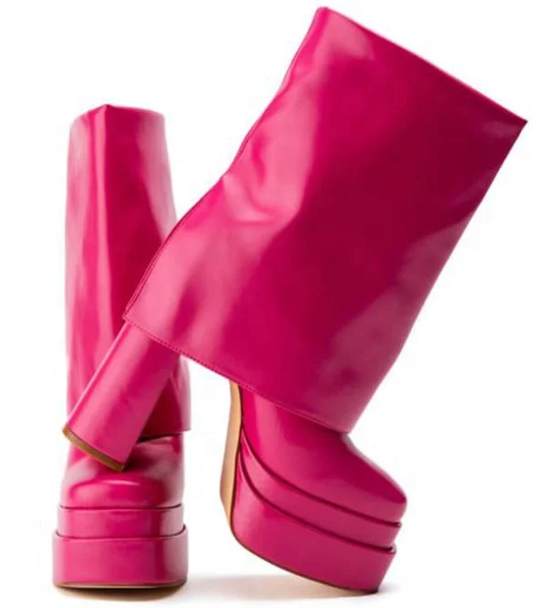 Trendy Short Overlay Platform Booty Chunky High Heels Ankle Boots for Women Square Toe Folded Over Shoes