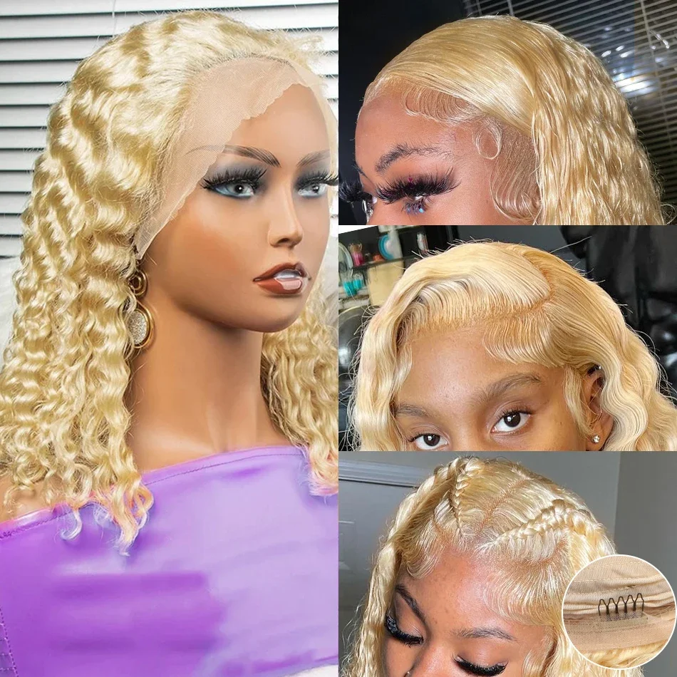 613 HD Lace Frontal Deep Wave Bob Wig Human Hair Brazilian Honey Blonde Water Wave Lace Front Wigs_voghion.com