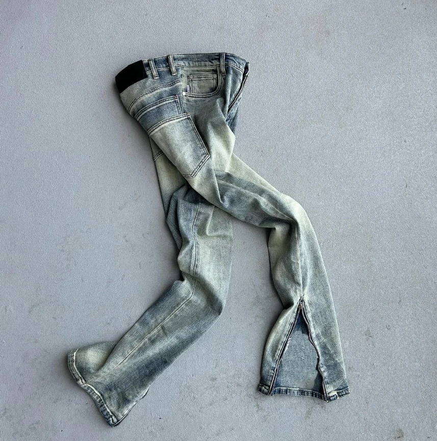 Streetwear Custom Man Vintage Wash Skinny Stacked Zip up Open Bottom Flare Denim Jeans Pants Flared Jeans Men details