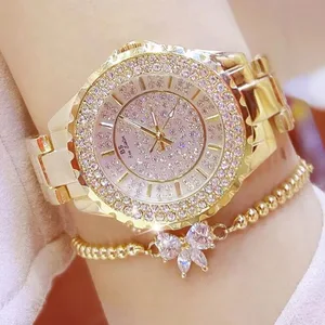 Wholesale BS Gold Silver Quartz Watch Hip Hop Iced Out Bling Rhinestone Women's Watch Waterproof Luxury Ladies Watch