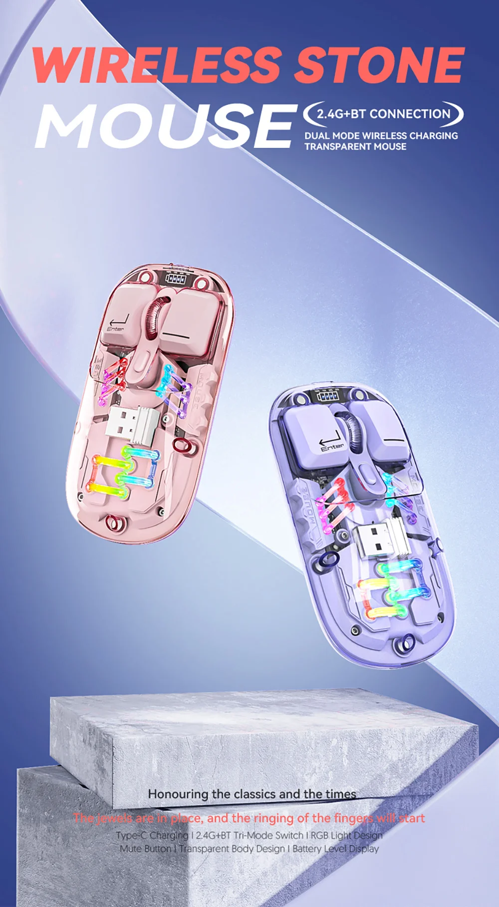 Honey Peach Wireless PC Mouse 1600DPI BT5.0 2.4G Dual Mode Connection for Computer Compatible with Windows Android Mac OS