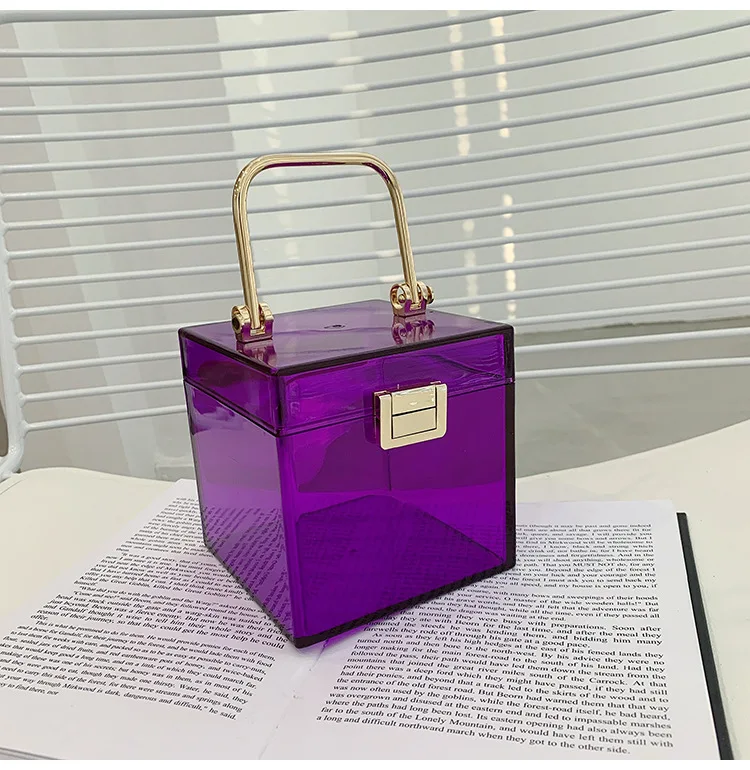 Clear Acrylic Hand Bags For Women Metal Handle Lock Square Box Jelly  Handbag Small Make up Bag Summer Ladies Transparent Purses