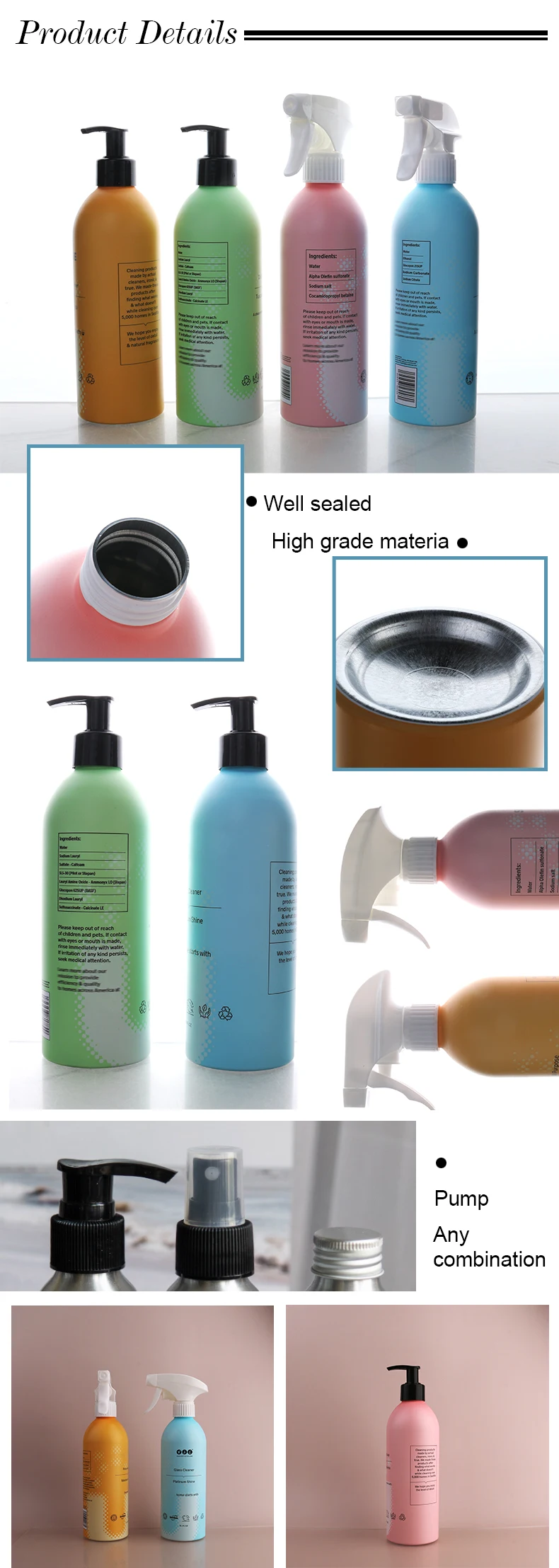 Custom Shampoo Soap Aluminum Pump Spray Bottle 30ml 100ml 250ml 500ml Fine Mist Pink Colored Recycled Metal Cosmetics Liquids