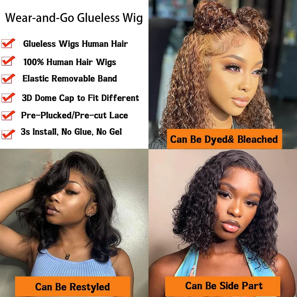 14 Inch Wear and Go Glueless Human Hair Bob Wig Pre Plucked Water Wave Lace Front for Beginners_voghion.com