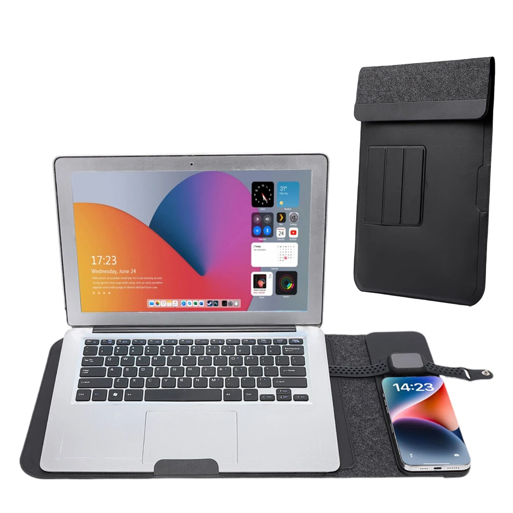 5 in 1 Wireless Charging Laptop Cover Computer Protective Bag Pouch PU Leather Laptop Sleeve With Wireless Charger
