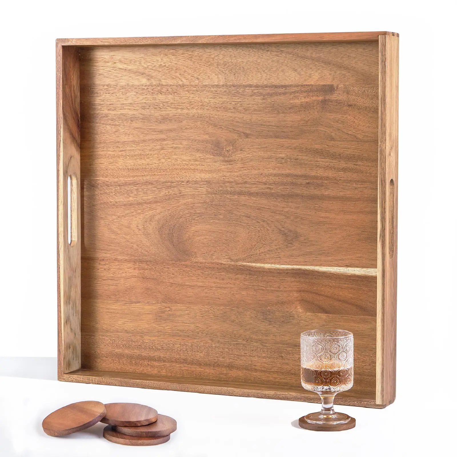 Custom Wood Serving Tray Handmade Rustic Wooden Platter with Handles for Coffee Table Bar & Kitchen Food Safe Serving Board