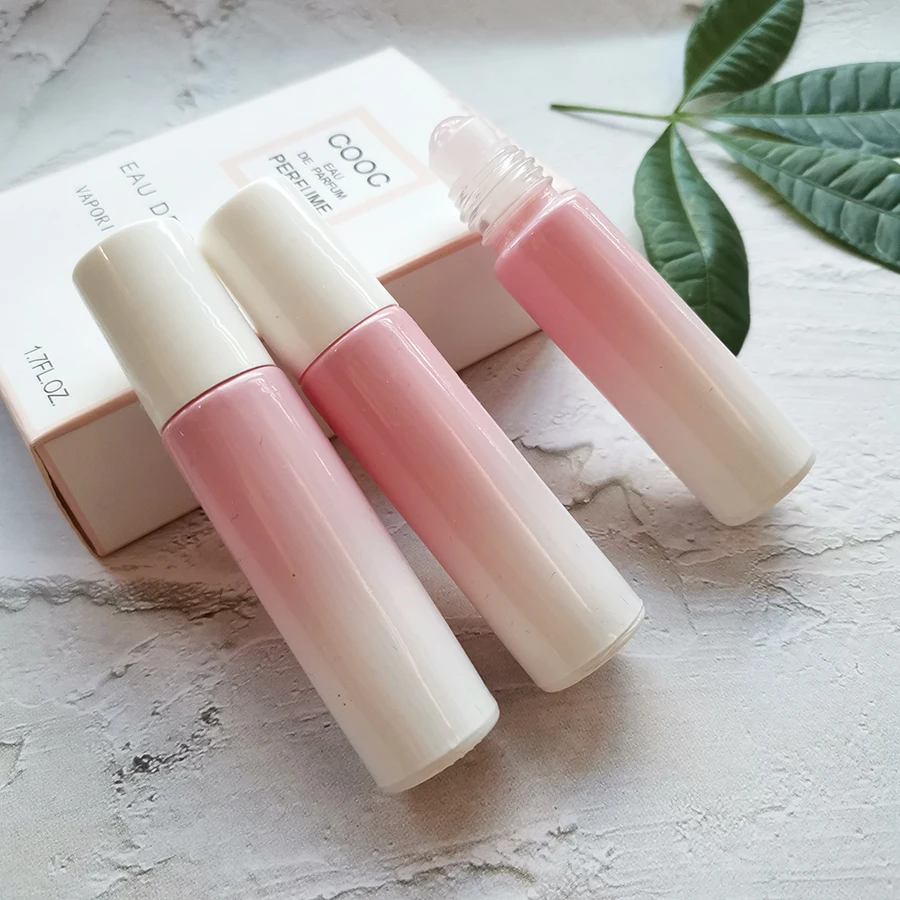 10ml Gradient White-Peach Roll on Glass Bottle with Gem Stone Roller & White Cap Cylinder Essential Oils Perfume Bottles