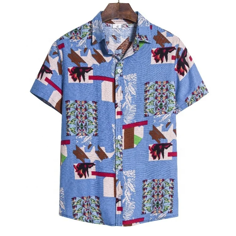 JL-10121 High Quality Breathable Beach Linen Shirt Men Round Bottom Casual Hawaiian Print Shirts for Men