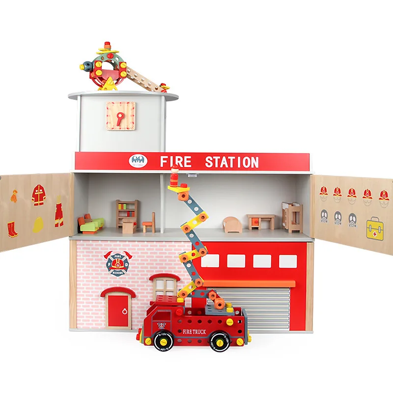 Wooden Simulation Fire Station Set Children‘s Role Play Doll House Toys Puzzle Parent-Child Interactive Creative Gift